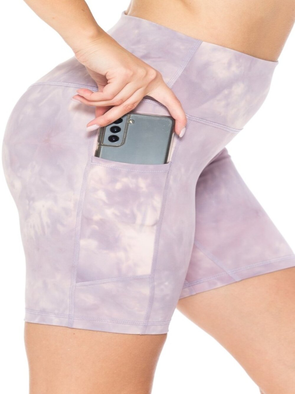 Womens Premium Tie Dye 5"High Waist 8" Inseam Bike Shorts w/Pockets S-XL Purple